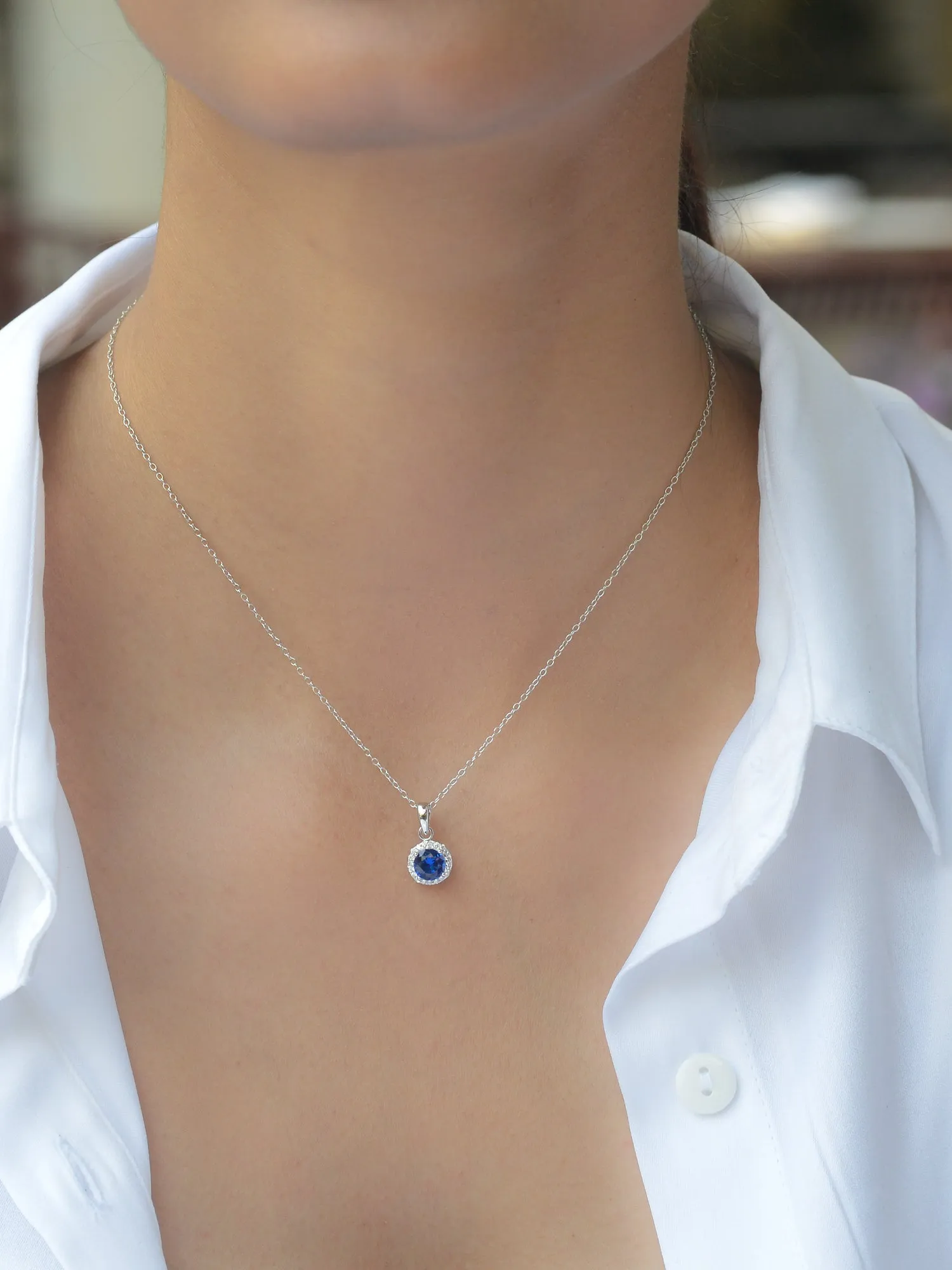 1.06 Carat Sterling Silver Blue Sapphire Halo Necklace With Chain For Women