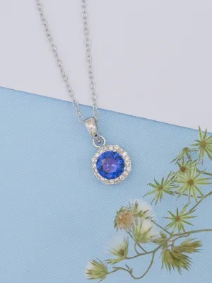 1.06 Carat Sterling Silver Blue Sapphire Halo Necklace With Chain For Women