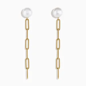 14K Gold Cultured Fresh Water Pearl Paperclip Chain Earrings