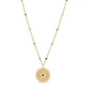 14k Gold Emerald Sunbeam Medallion Multicolor Satellite Chain Necklace