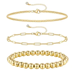 14K Gold Layered Beaded Ball Bracelets Sets-3Pcs