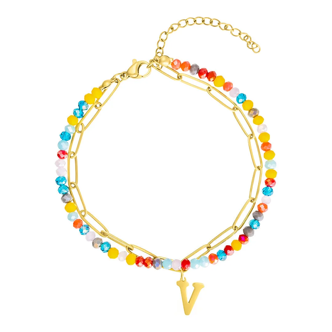 14k Gold Plated Adjustable Layered Color Beads and Paperclip Chain Initial Bracelet