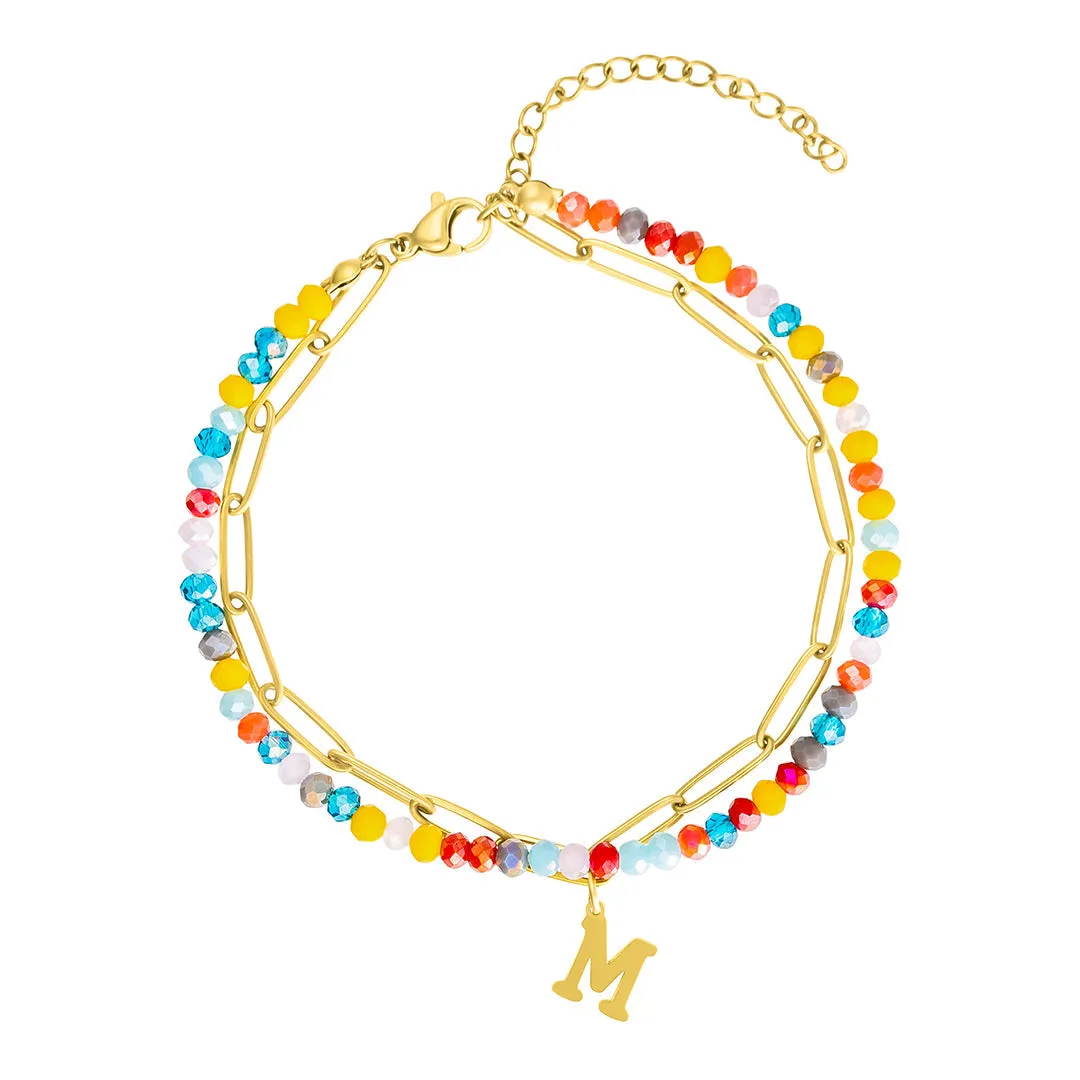 14k Gold Plated Adjustable Layered Color Beads and Paperclip Chain Initial Bracelet