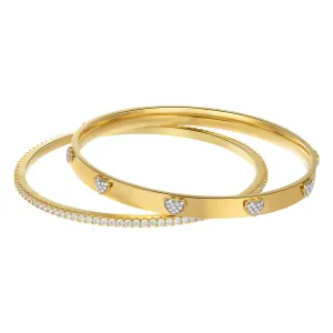 14k Gold Plated CZ Hearts Stacking Bangle Set