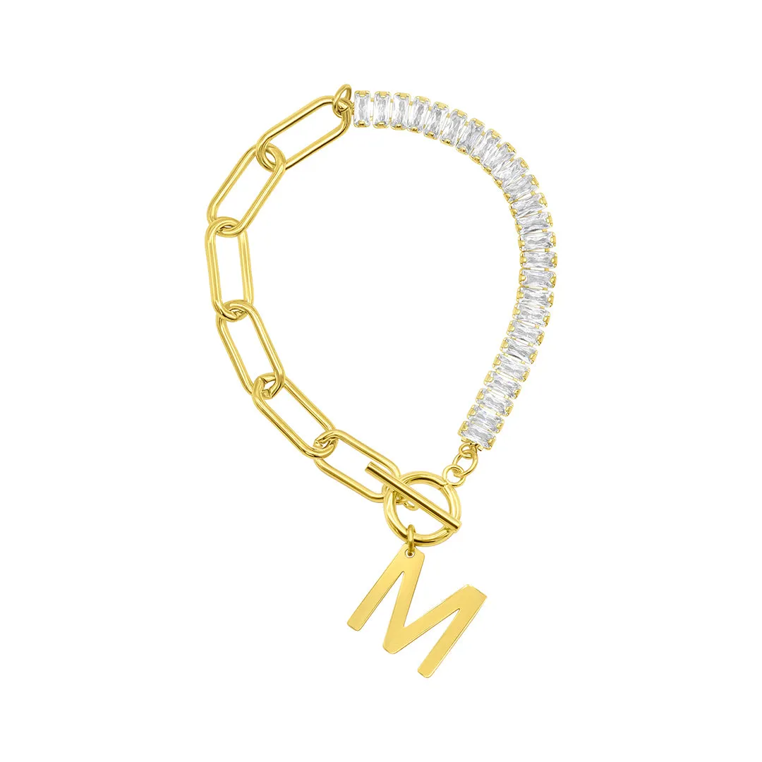 14k Gold Plated Half Crystal And Half Paperclip Initial Toggle Bracelet