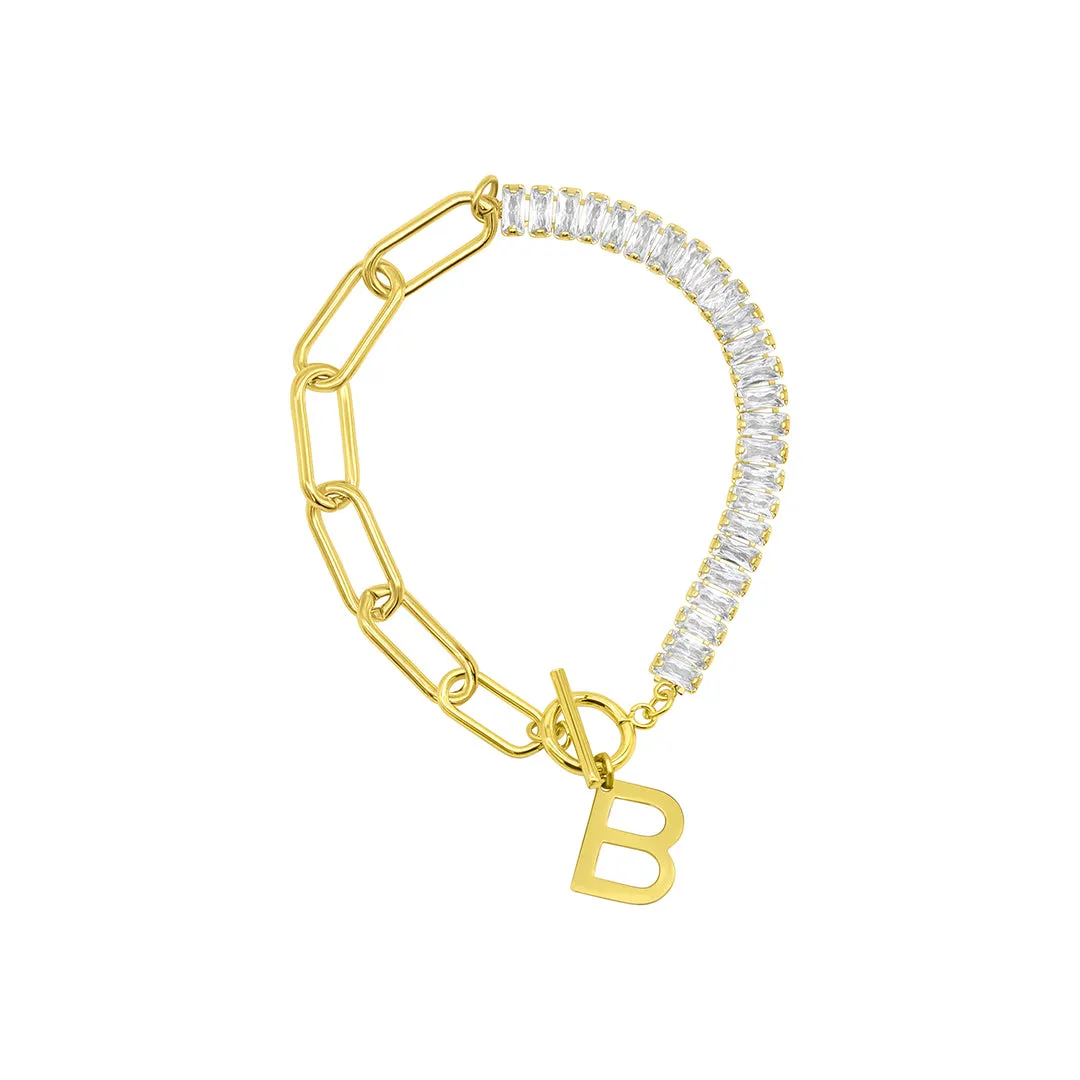 14k Gold Plated Half Crystal And Half Paperclip Initial Toggle Bracelet