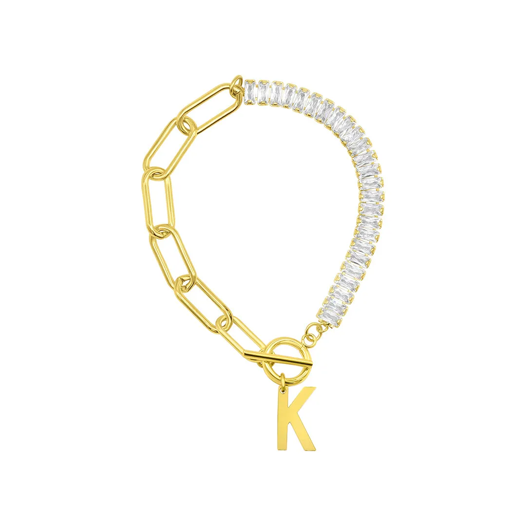 14k Gold Plated Half Crystal And Half Paperclip Initial Toggle Bracelet