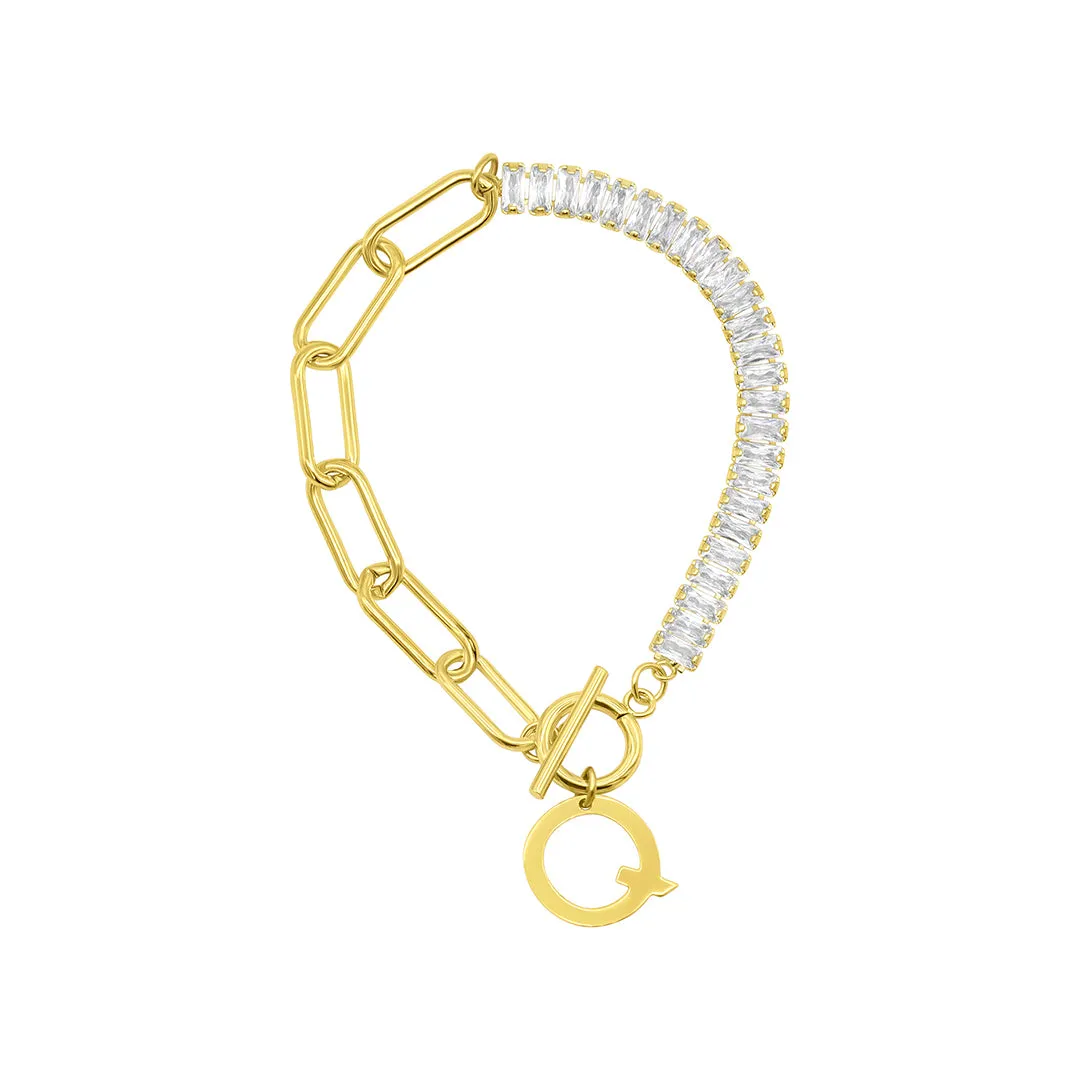 14k Gold Plated Half Crystal And Half Paperclip Initial Toggle Bracelet