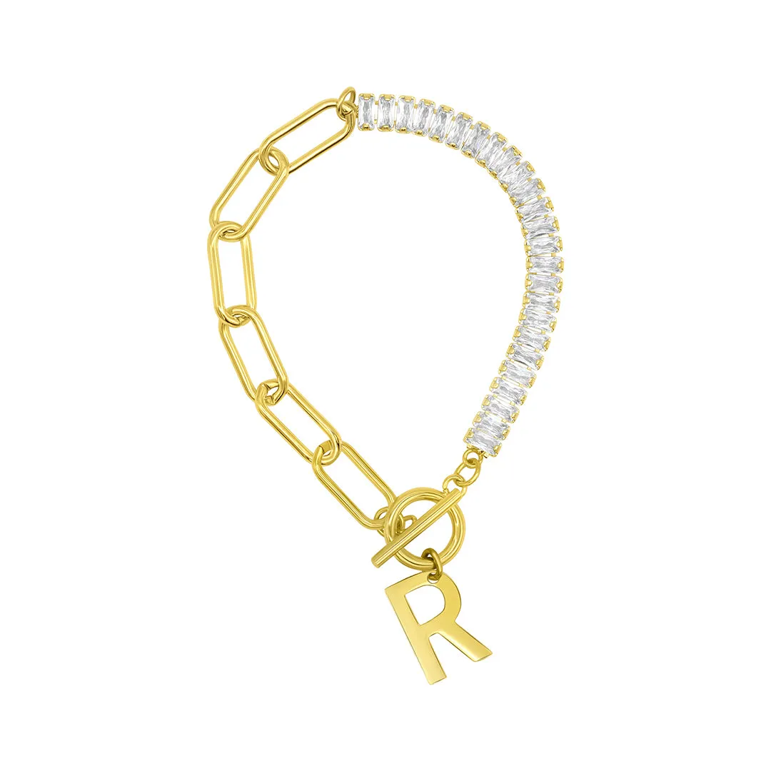 14k Gold Plated Half Crystal And Half Paperclip Initial Toggle Bracelet