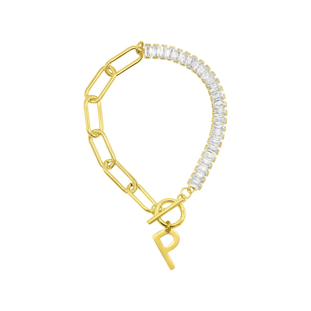 14k Gold Plated Half Crystal And Half Paperclip Initial Toggle Bracelet