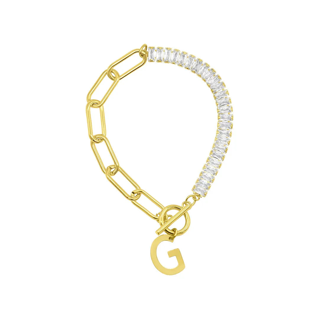 14k Gold Plated Half Crystal And Half Paperclip Initial Toggle Bracelet