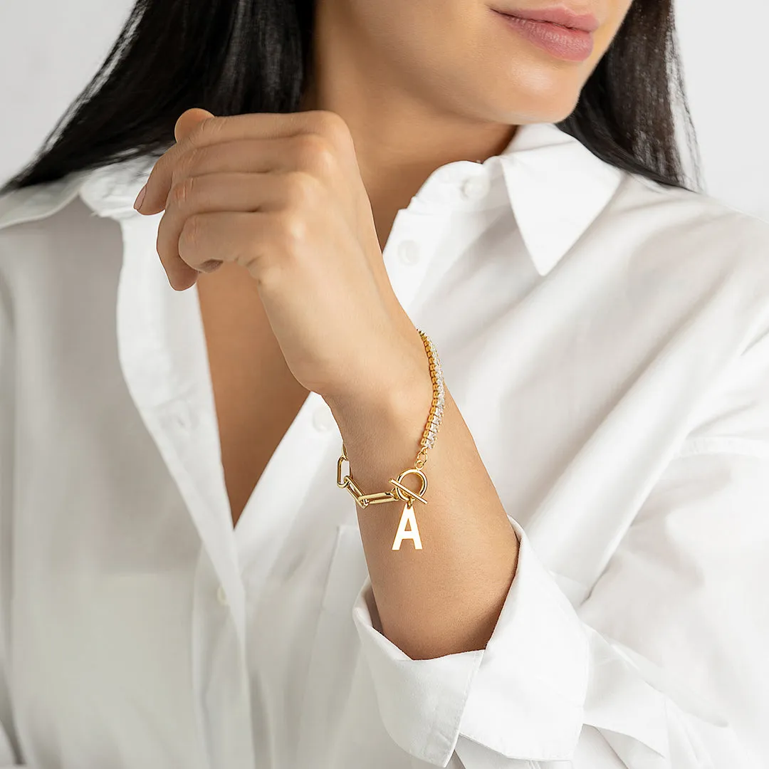 14k Gold Plated Half Crystal And Half Paperclip Initial Toggle Bracelet