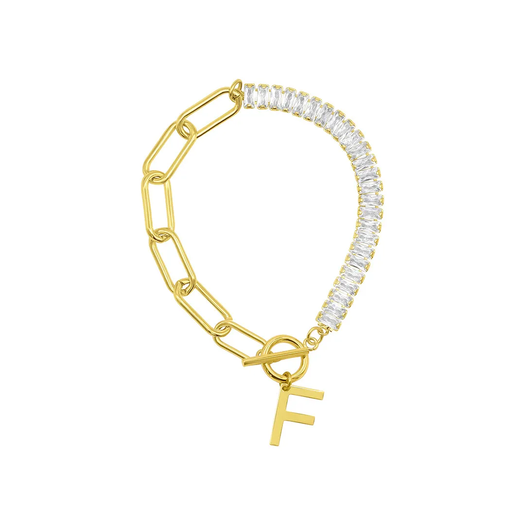 14k Gold Plated Half Crystal And Half Paperclip Initial Toggle Bracelet