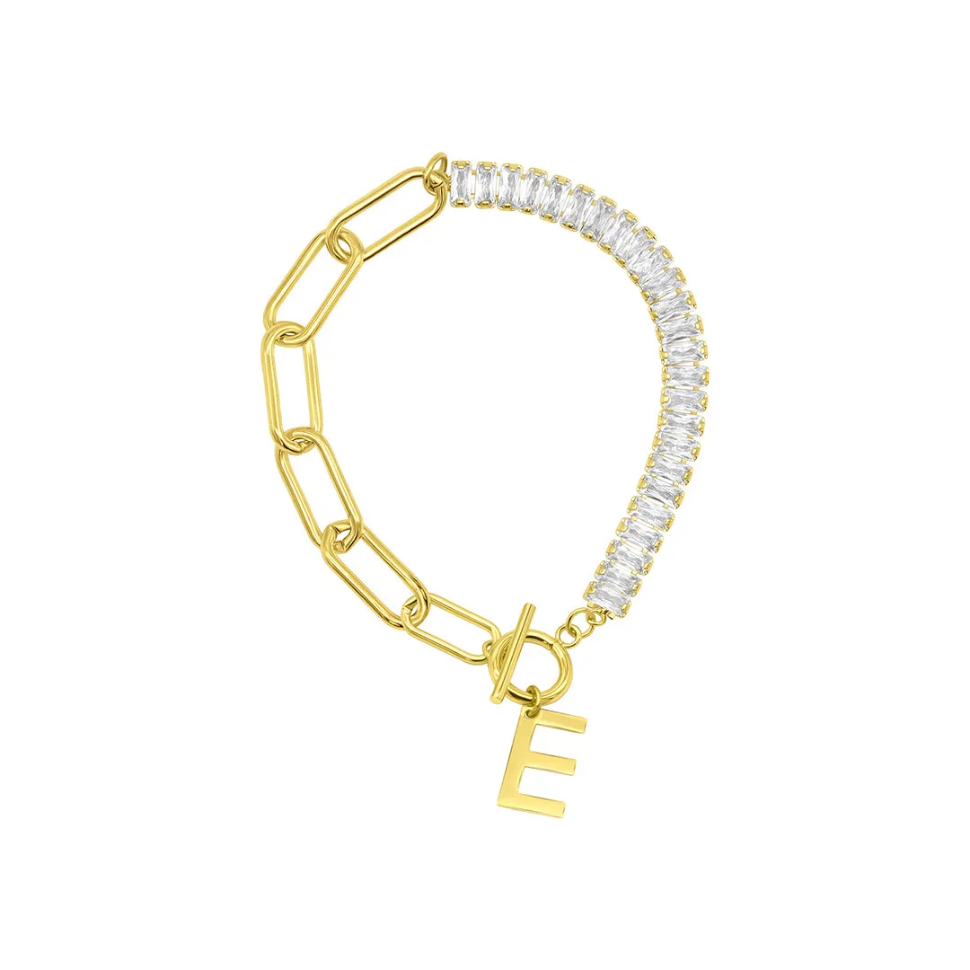 14k Gold Plated Half Crystal And Half Paperclip Initial Toggle Bracelet