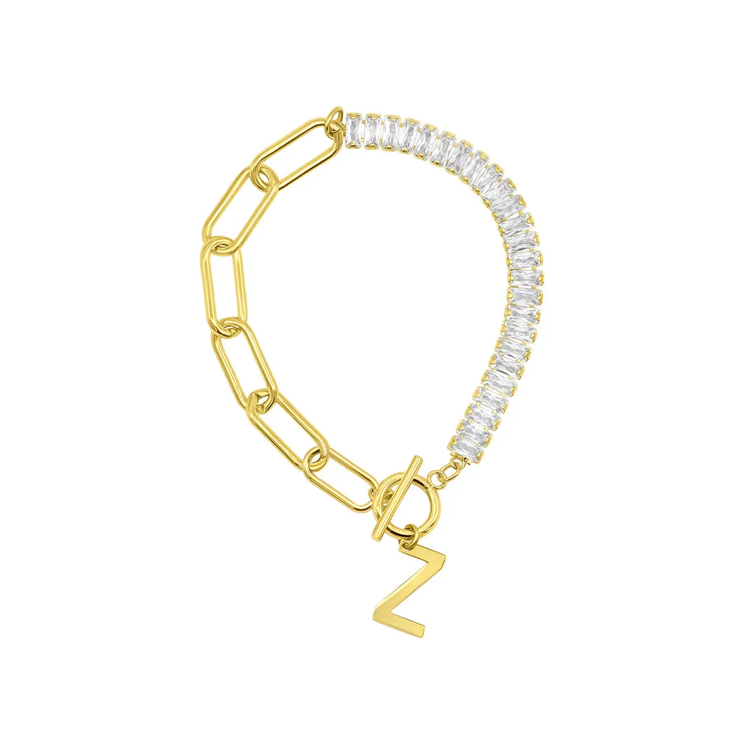 14k Gold Plated Half Crystal And Half Paperclip Initial Toggle Bracelet