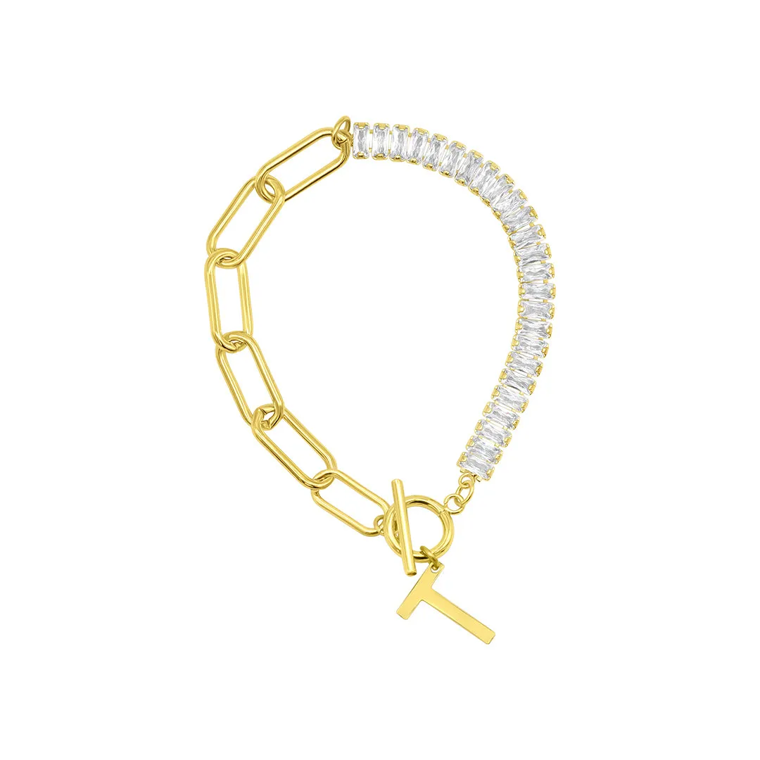 14k Gold Plated Half Crystal And Half Paperclip Initial Toggle Bracelet