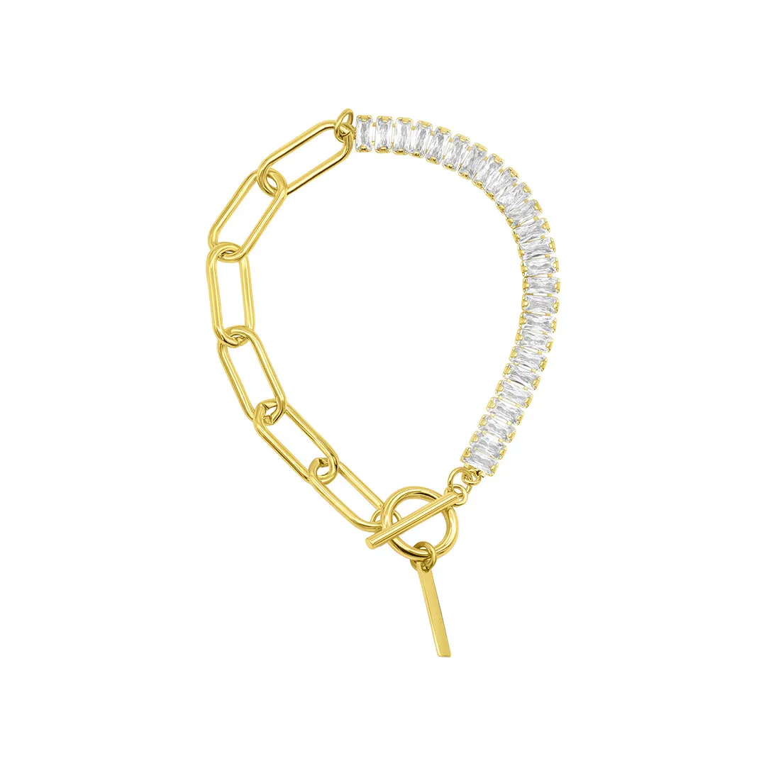 14k Gold Plated Half Crystal And Half Paperclip Initial Toggle Bracelet