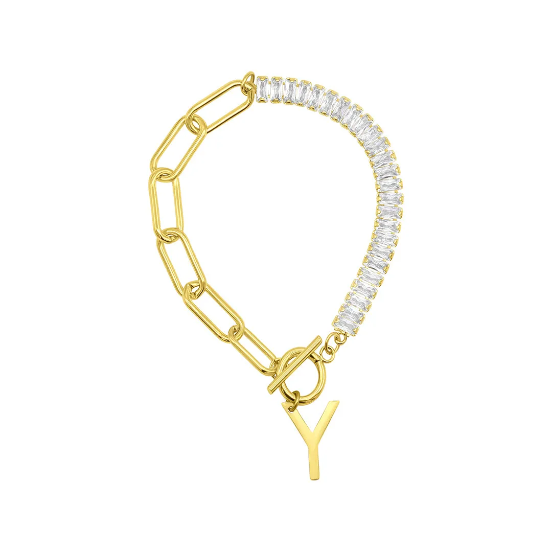 14k Gold Plated Half Crystal And Half Paperclip Initial Toggle Bracelet