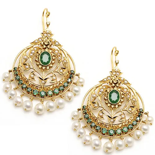 14k Gold Uncut Diamond Emerald and Freshwater Pearl Saara Earrings