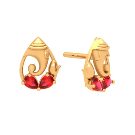 14k Lord Ganesha Gold Earring Design With Red Teardrop Gem