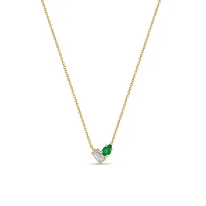 14k Pear Emerald & Emerald Cut Diamond Necklace