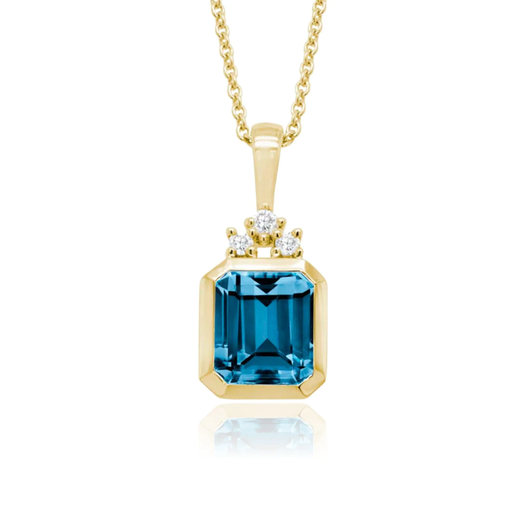 14K YELLOW. GOLD LONDON BLUE TOPAZ PENDANT WITH DIAMOND ACCENTED BAIL NECKLACE