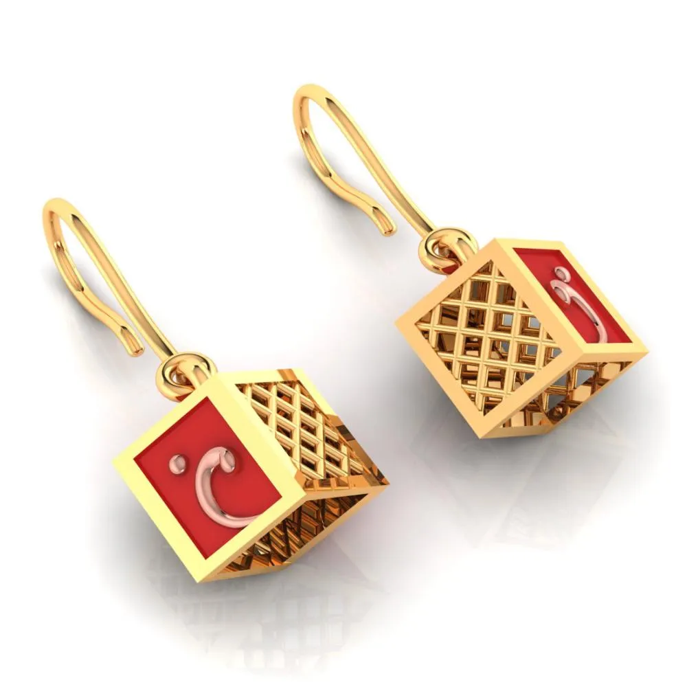 18k Cubical Gold Earrings That With A Hint Of Reddish Colour