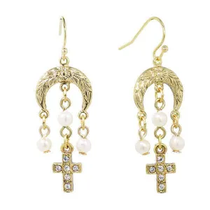 1928 Jewelry Crescent Flower Moon Faux Pearls And Crystal Cross Dangle Earrings