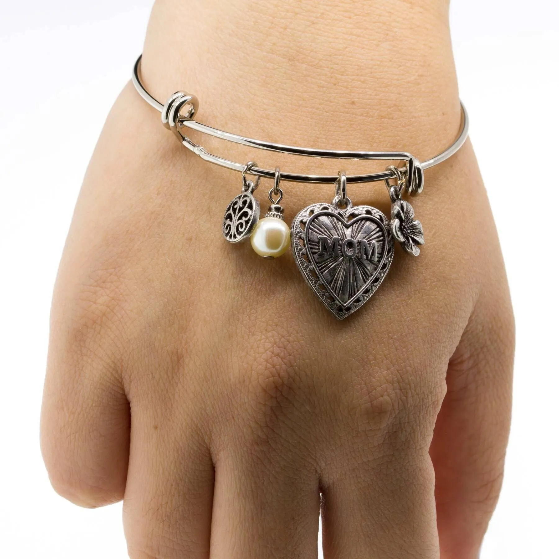 1928 Jewelry Mom Heart Flower White Faux Pearl Charm Bracelet