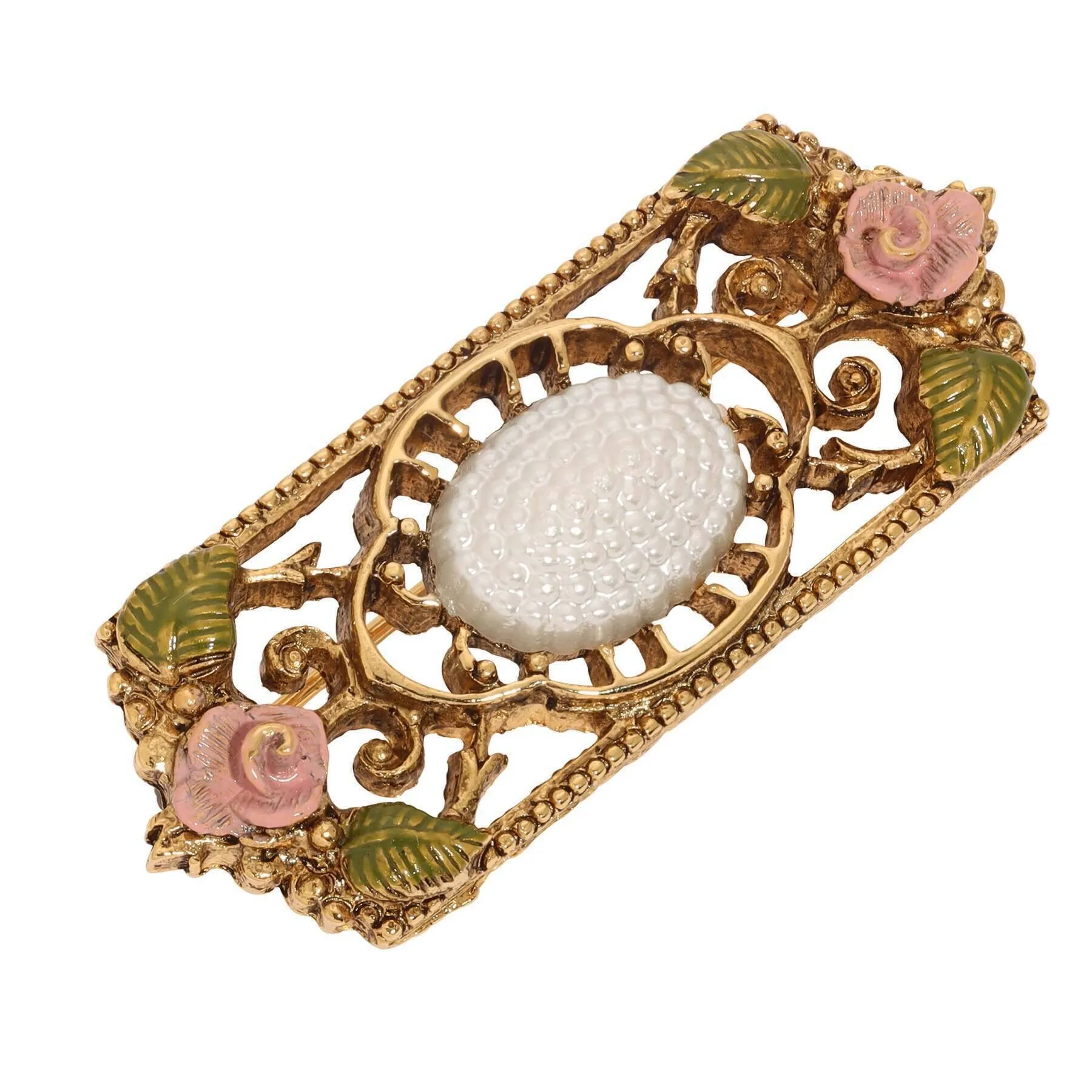 1928 Jewelry Pearly Eden Pink Rose Enamel Faux Pearl Filigree Brooch