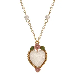 1928 Jewelry Pearly Eden Pink Rose Enamel Faux Pearl Heart Pendant Necklace 16"   3" Extender