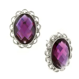 1928 Jewelry Purple Stone Faceted Oval Button Earrings