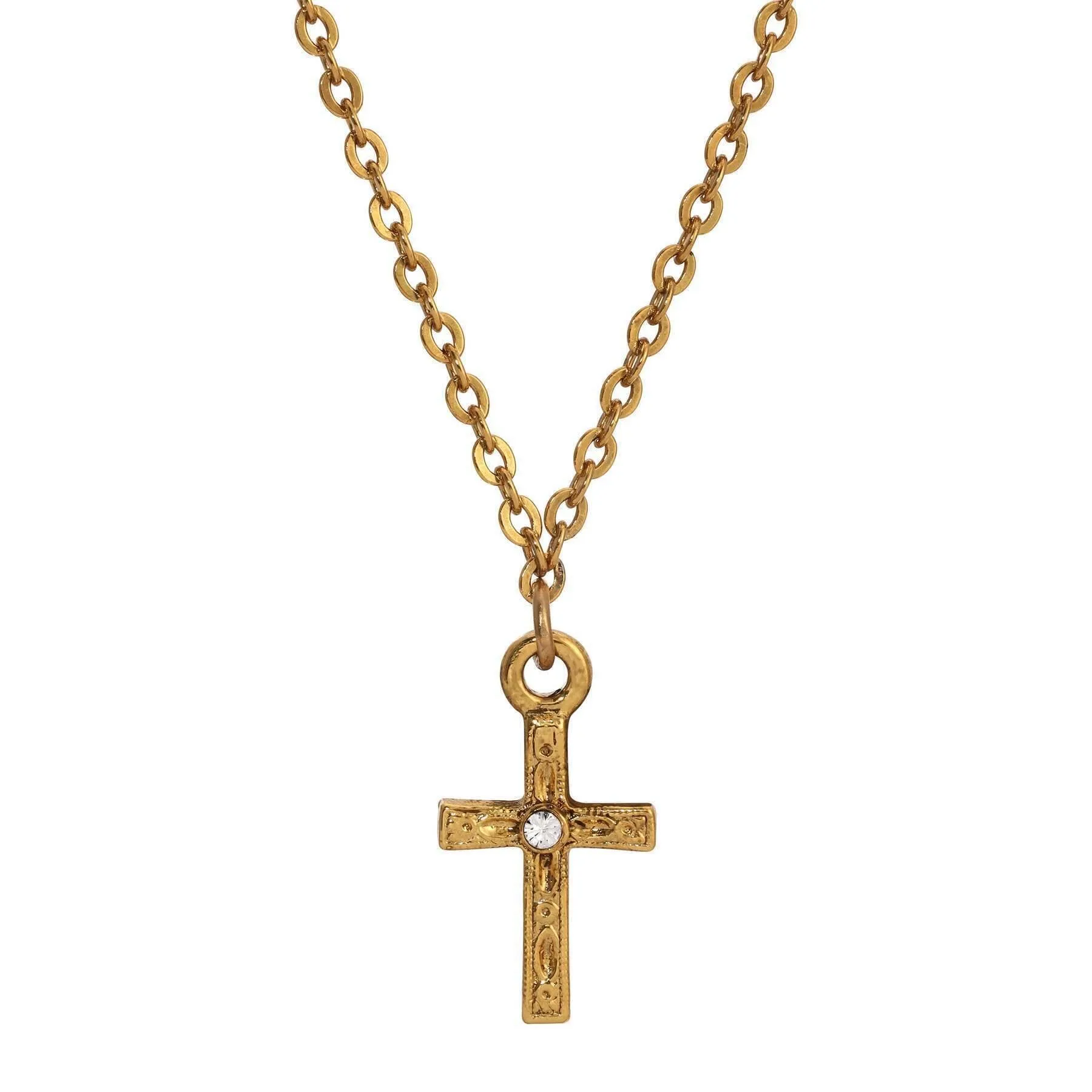 1928 Jewelry Round Crystal Gold Spiritual Cross Pendant Necklace 15"   3" Extender