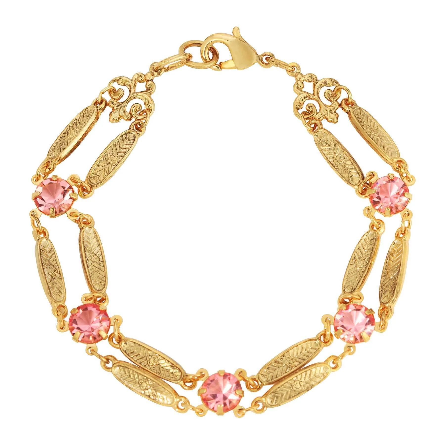 1928 Jewelry Textured Flower Link Rose Pink Crystal Filigree Bracelet