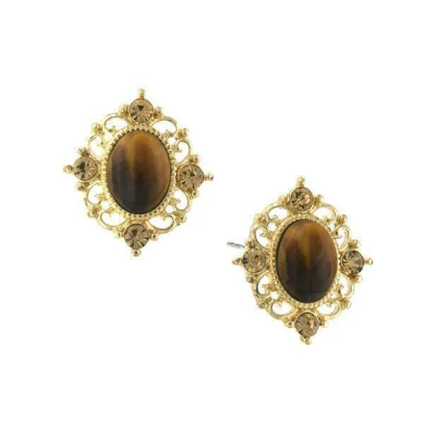 1928 Jewelry Topaz Crystal And Topaz Cat Eye Button Earrings