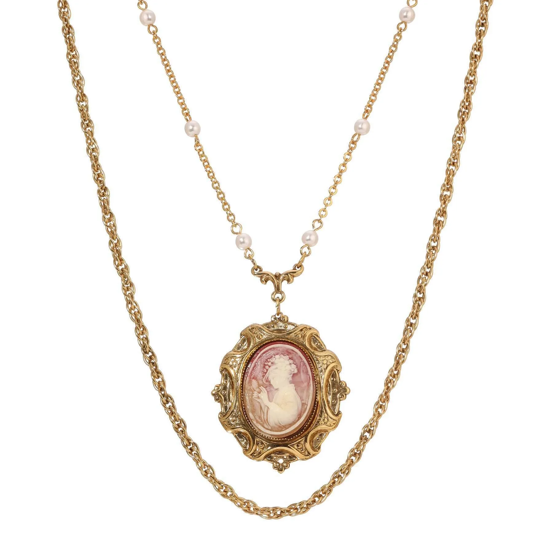 1928 Jewelry Victorian Reflections Carnelian & Ivory Cameo Pendant & Link Chain Necklace 24"