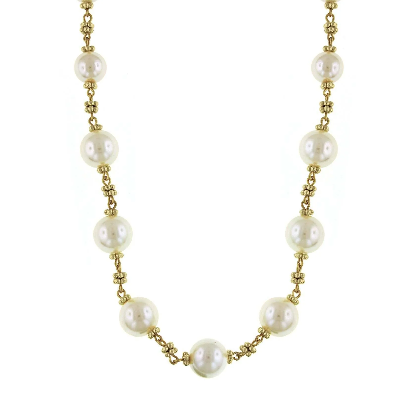 1928 Jewelry White Faux Pearl Beaded Necklace 16"   3" Extender