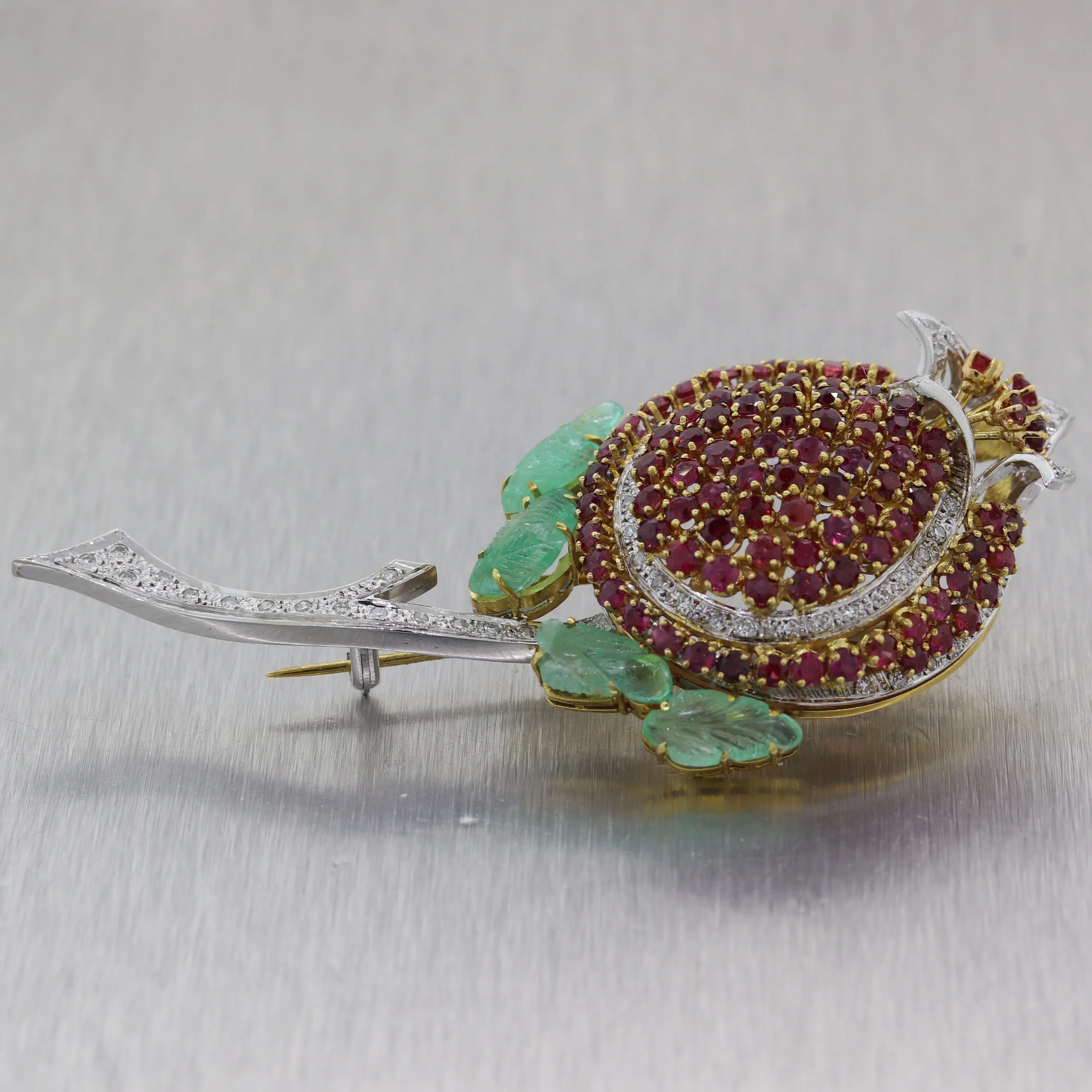 1960s Vintage Estate 18k White Gold 7.50ctw Ruby Diamond Emerald Rose Brooch Pin