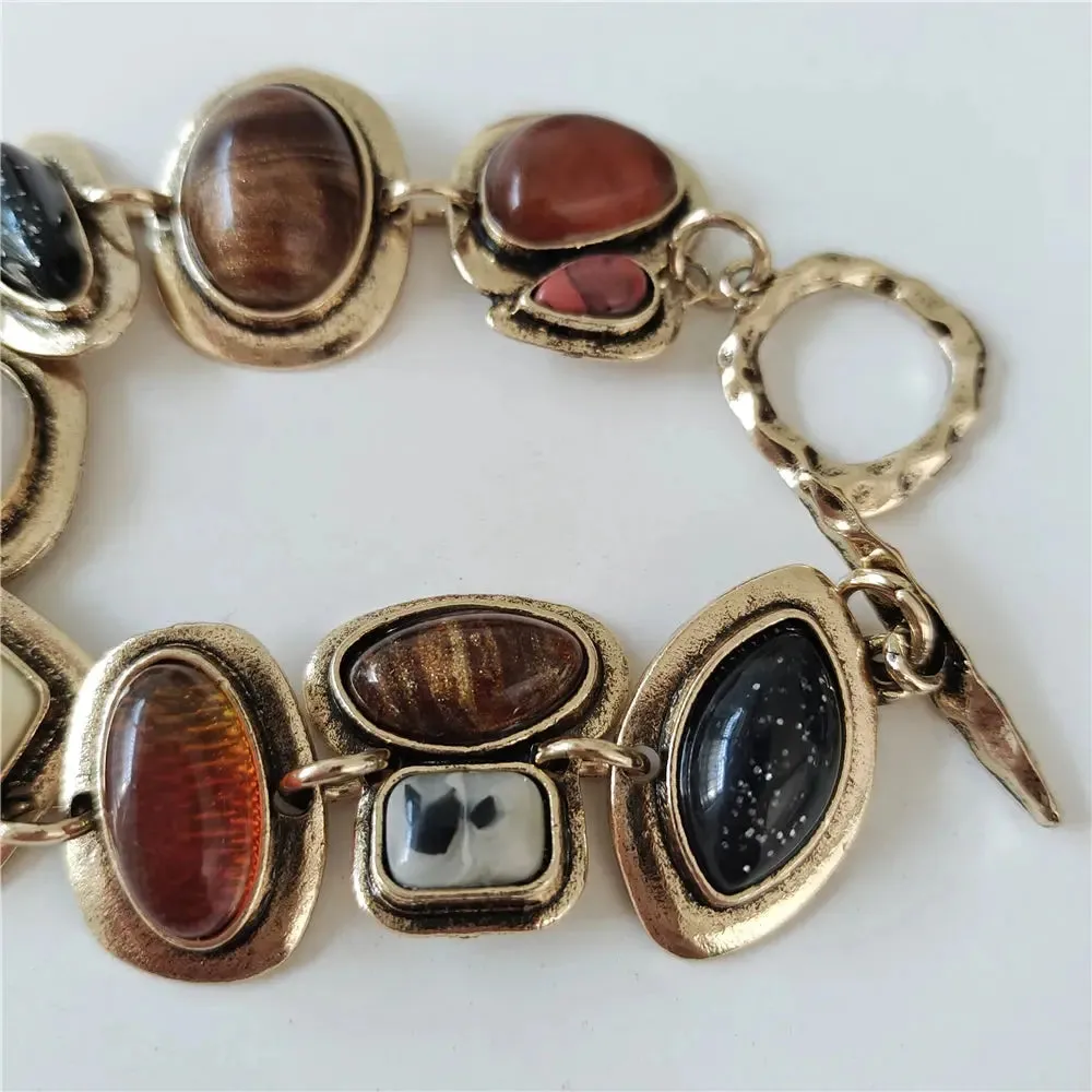 2024 New ZA Indian Ethnic Vintage Bracelet Women Fashion Boho Statement Charm Metal Hollow Links Resin Stone Bracelets Jewelry