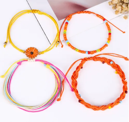 4Pcs Set Bohemian Colored Rope Flower Pendant Bracelet