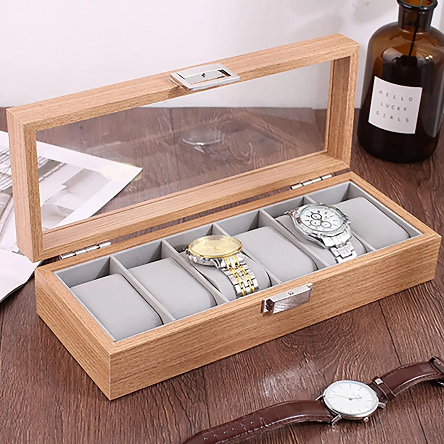 6 Grids Wooden Watch Display Case Holder Box Skw147