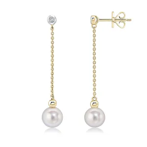 9K Yellow Gold Pearl & Diamond Chain Drop Earrings