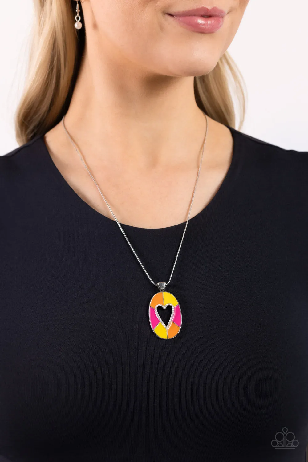 Airy Affection - Multi - Pink, Orange, and Yellow Pearl Heart Cutout Paparazzi Short Necklace