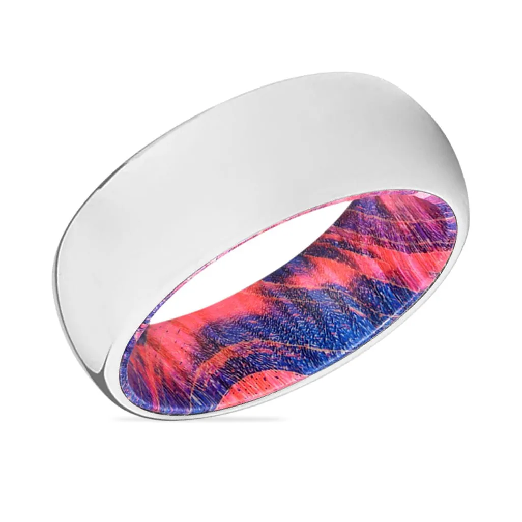 ANGELIC | Blue & Red Wood, Silver Tungsten Ring, Shiny, Domed