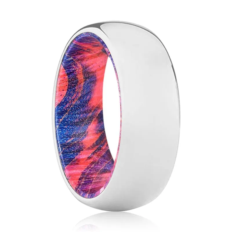 ANGELIC | Blue & Red Wood, Silver Tungsten Ring, Shiny, Domed