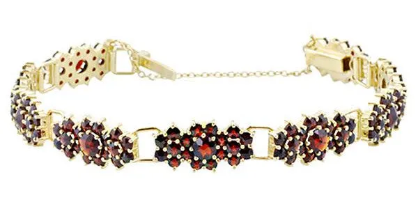 Antique Style Bohemian Garnet Cluster Link Victorian Bracelet - Yellow Gold Vermeil Over Sterling Silver