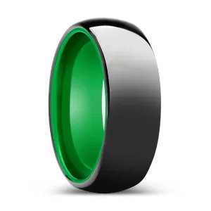 ATOMIC | Green Ring, Black Tungsten Ring, Shiny, Domed