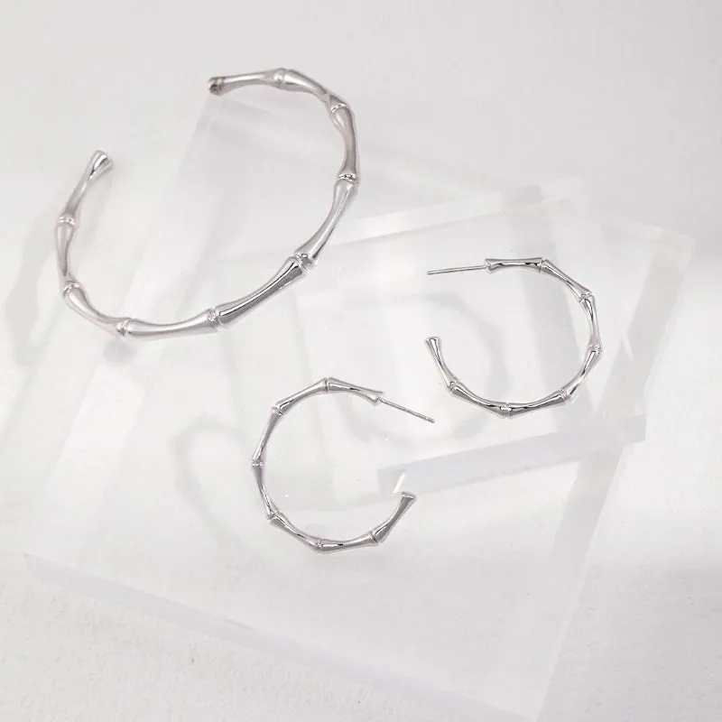 Bamboo Hoop Earrings-Sterling Silver