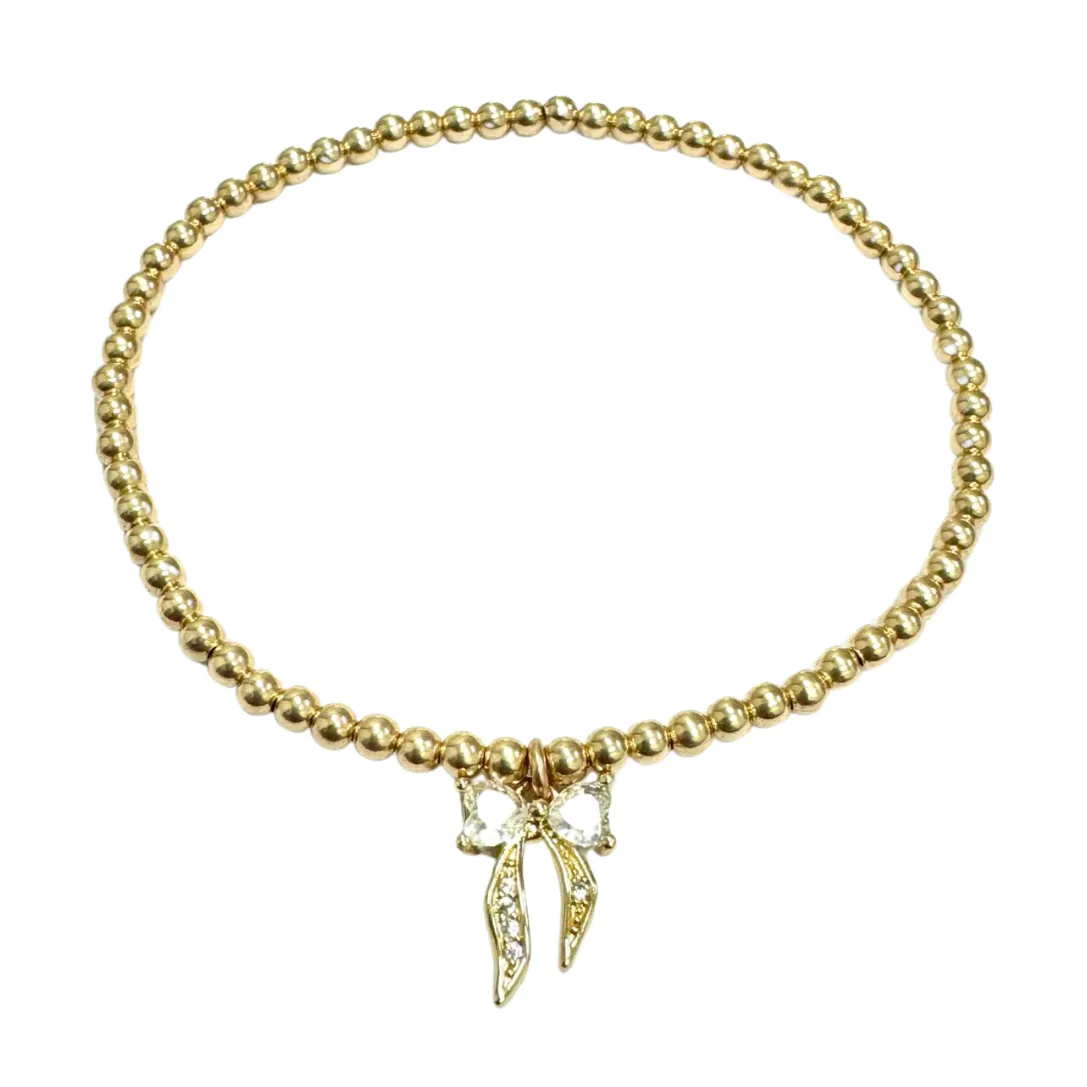 bara boheme - "BOW MIRACLE" Charm Gold Filled Ball Beaded Bracelet: Gold Filled / STRETCHY 6.5"