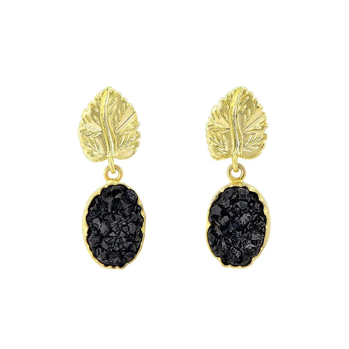 Black Druzy And Gold Leaf Earrings